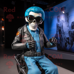 Blue Graveyard mascot costume character dressed with a Biker Jacket and Eyeglasses