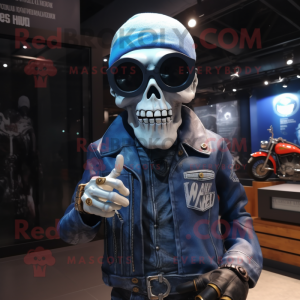 Blue Graveyard mascot costume character dressed with a Biker Jacket and Eyeglasses