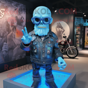 Blue Graveyard mascot costume character dressed with a Biker Jacket and Eyeglasses