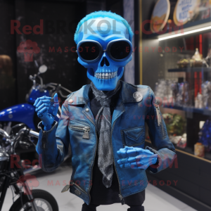 Blue Graveyard mascot costume character dressed with a Biker Jacket and Eyeglasses