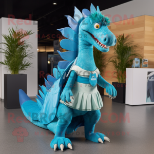 Cyan Spinosaurus mascot costume character dressed with a Wrap Skirt and Backpacks