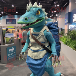 Cyan Spinosaurus mascot costume character dressed with a Wrap Skirt and Backpacks