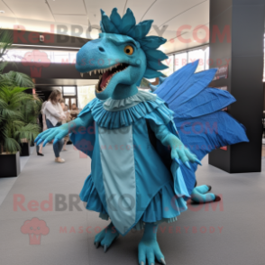 Cyan Spinosaurus mascot costume character dressed with a Wrap Skirt and Backpacks