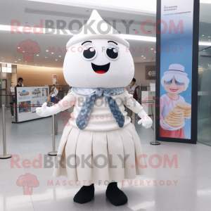 White Ice Cream mascot costume character dressed with a Pleated Skirt and Scarves