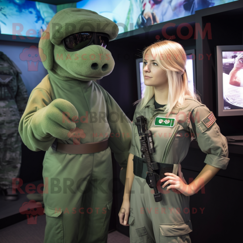 Green Marine Recon mascot costume character dressed with a Romper and Hair clips Green Marine Recon mascot costume character dressed with a Romper and Hair clips