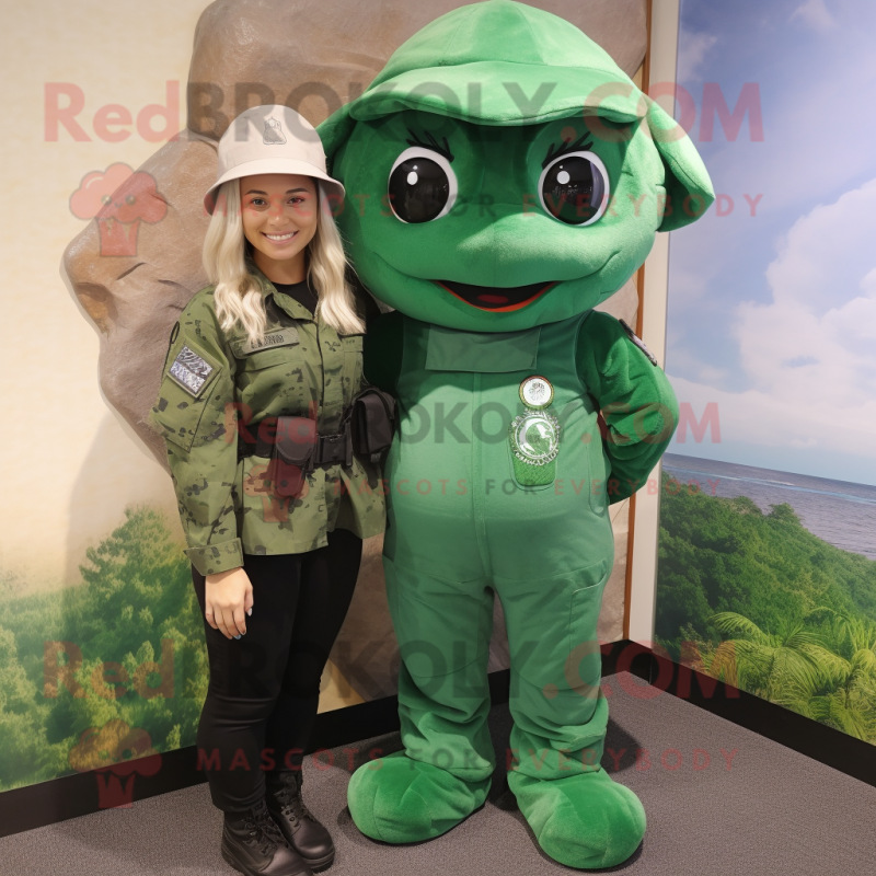 Green Marine Recon mascot costume character dressed with a Romper and Hair clips