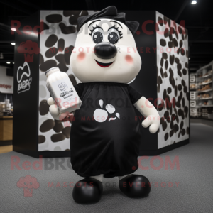 Black Bottle Of Milk mascot costume character dressed with a Playsuit and Tote bags