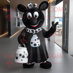 Black Bottle Of Milk mascot costume character dressed with a Playsuit and Tote bags