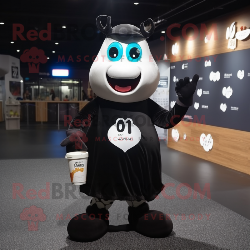 Black Bottle Of Milk mascot costume character dressed with a Playsuit and Tote bags Black Bottle Of Milk mascot costume character dressed with a Playsuit and Tote bags