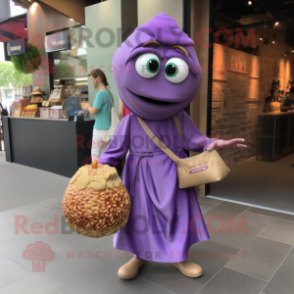 Purple Falafel mascot costume character dressed with a Wrap Dress and Handbags