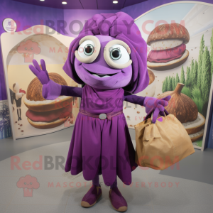 Purple Falafel mascot costume character dressed with a Wrap Dress and Handbags