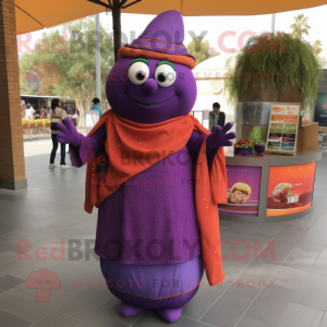 Purple Falafel mascot costume character dressed with a Wrap Dress and Handbags