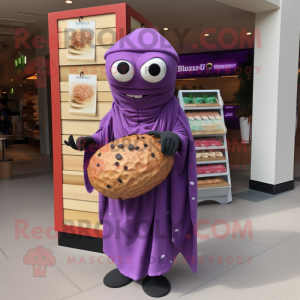 Purple Falafel mascot costume character dressed with a Wrap Dress and Handbags