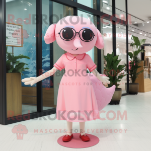 Pink Whale mascot costume character dressed with a Shift Dress and Eyeglasses