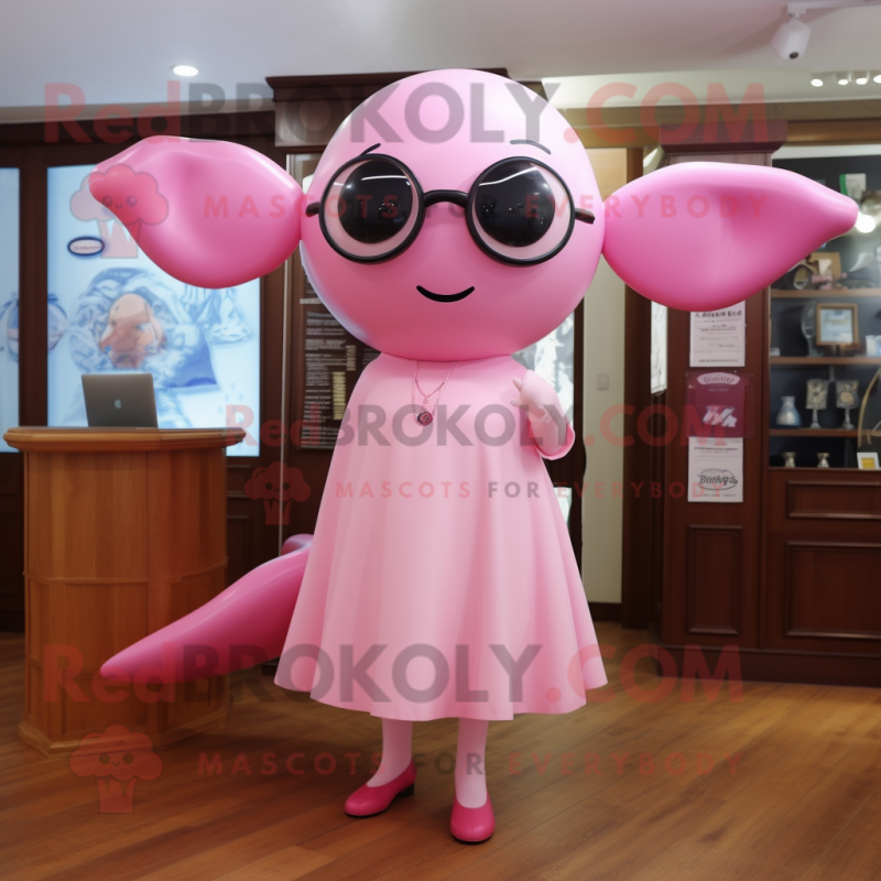 Pink Whale mascot costume character dressed with a Shift Dress and Eyeglasses