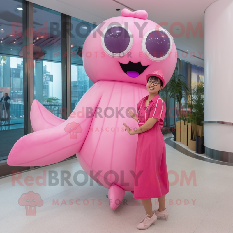 Pink Whale mascot costume character dressed with a Shift Dress and Eyeglasses Pink Whale mascot costume character dressed with a Shift Dress and Eyeglasses