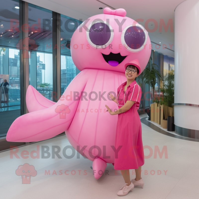 Pink Whale mascot costume character dressed with a Shift Dress and Eyeglasses