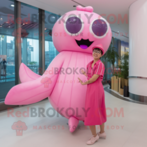 Pink Whale mascot costume character dressed with a Shift Dress and Eyeglasses