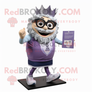 Lavender King mascot costume character dressed with a Running Shorts and Reading glasses
