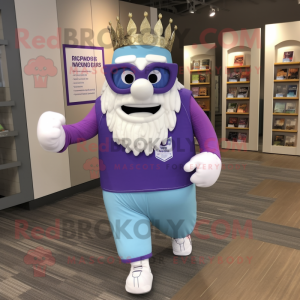 Lavender King mascot costume character dressed with a Running Shorts and Reading glasses