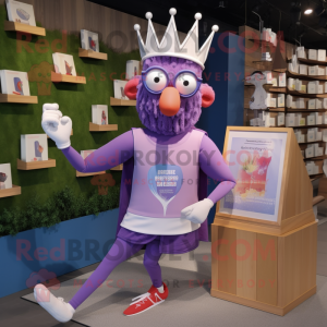 Lavender King mascot costume character dressed with a Running Shorts and Reading glasses