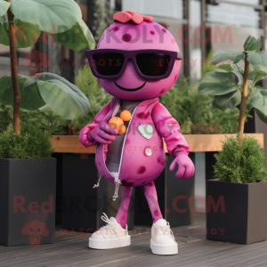 Pink Grape mascot costume character dressed with a Jacket and Sunglasses