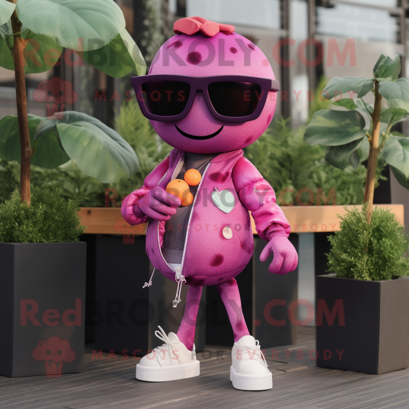 Pink Grape mascot costume character dressed with a Jacket and Sunglasses Pink Grape mascot costume character dressed with a Jacket and Sunglasses
