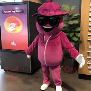Pink Grape mascot costume character dressed with a Jacket and Sunglasses