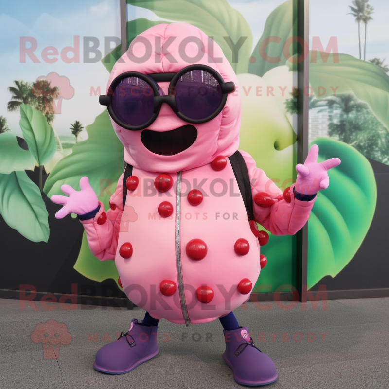 Pink Grape mascot costume character dressed with a Jacket and Sunglasses