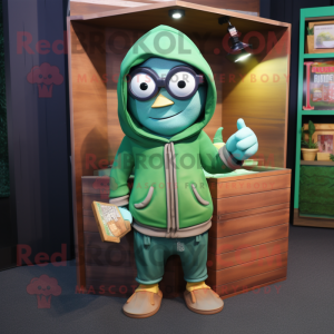 Green Treasure Chest mascot costume character dressed with a Hoodie and Eyeglasses
