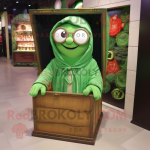 Green Treasure Chest mascot costume character dressed with a Hoodie and Eyeglasses