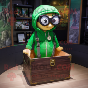 Green Treasure Chest mascot costume character dressed with a Hoodie and Eyeglasses