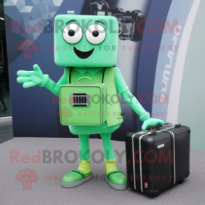 Green Camera mascot costume character dressed with a Midi Dress and Briefcases