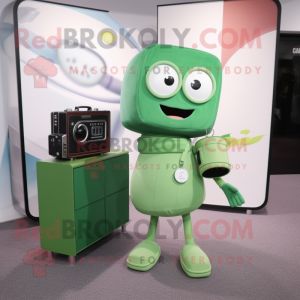 Green Camera mascot costume character dressed with a Midi Dress and Briefcases