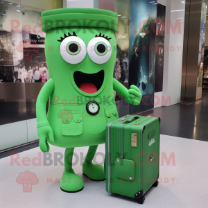 Green Camera mascot costume character dressed with a Midi Dress and Briefcases
