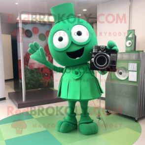 Green Camera mascot costume character dressed with a Midi Dress and Briefcases