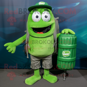 Green Soda Can mascot costume character dressed with a Cargo Shorts and Messenger bags