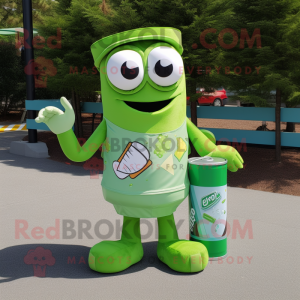 Green Soda Can mascot costume character dressed with a Cargo Shorts and Messenger bags