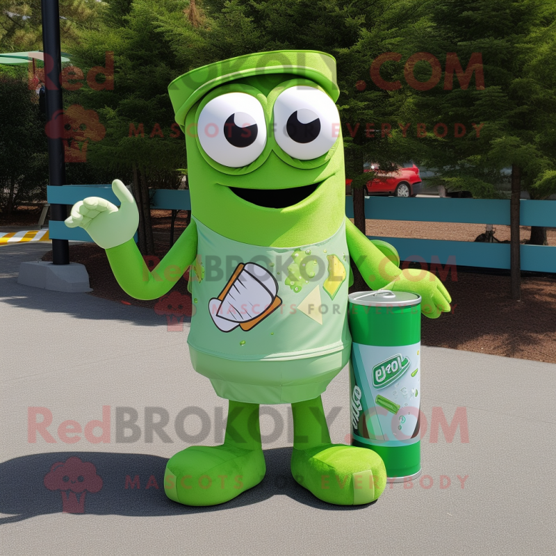 Green Soda Can mascot costume character dressed with a Cargo Shorts and Messenger bags Green Soda Can mascot costume character dressed with a Cargo Shorts and Messenger bags