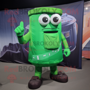 Green Soda Can mascot costume character dressed with a Cargo Shorts and Messenger bags