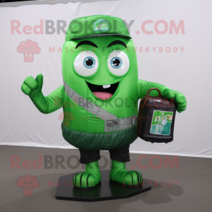 Green Soda Can mascot costume character dressed with a Cargo Shorts and Messenger bags