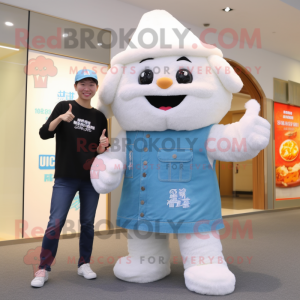 White Fried Rice mascot costume character dressed with a Boyfriend Jeans and Watches