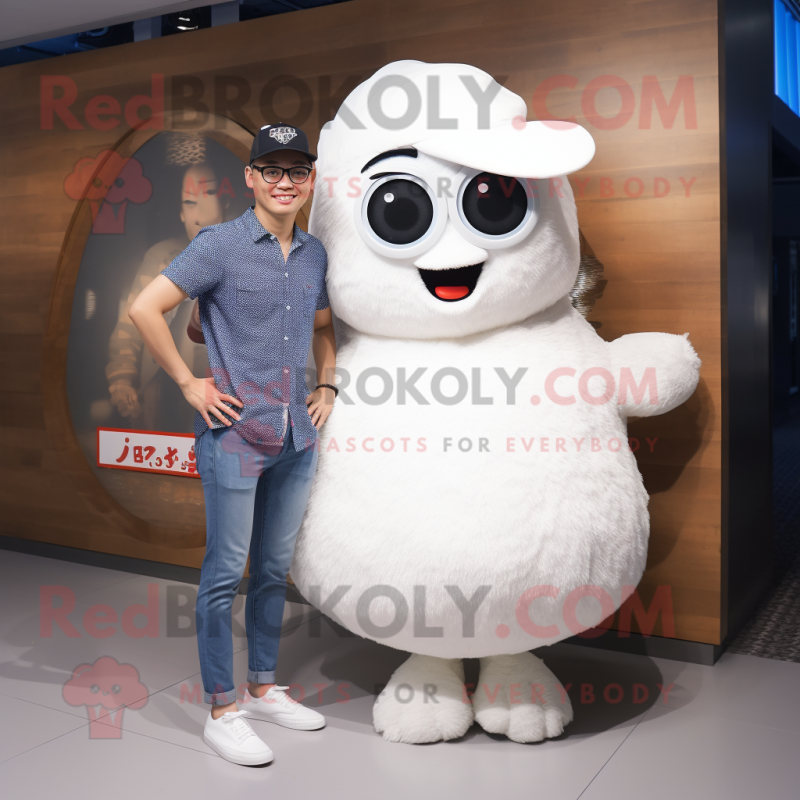 White Fried Rice mascot costume character dressed with a Boyfriend Jeans and Watches White Fried Rice mascot costume character dressed with a Boyfriend Jeans and Watches