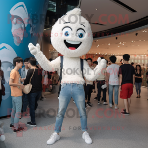 White Fried Rice mascot costume character dressed with a Boyfriend Jeans and Watches