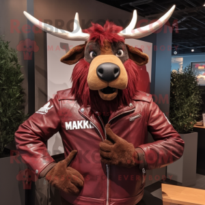 Maroon Elk mascot costume character dressed with a Moto Jacket and Gloves