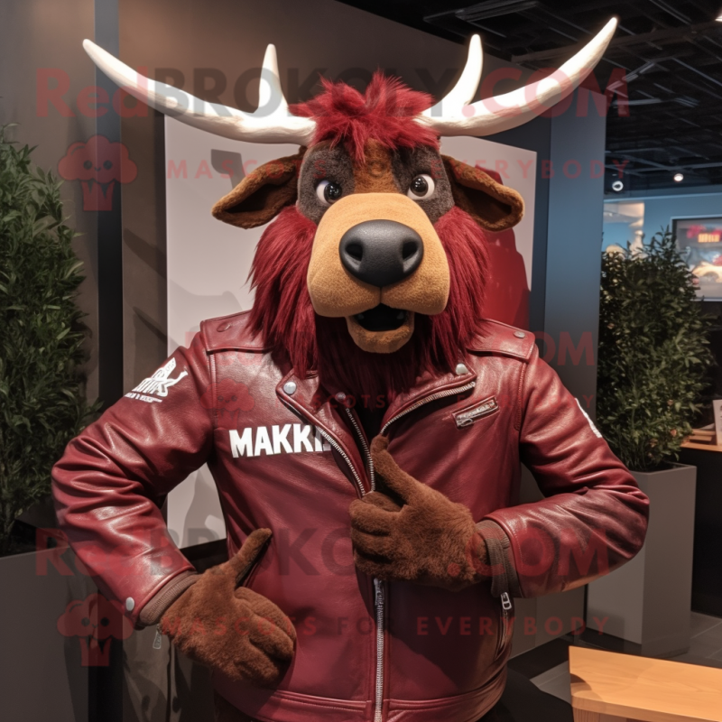 Maroon Elk mascot costume character dressed with a Moto Jacket and Gloves Maroon Elk mascot costume character dressed with a Moto Jacket and Gloves