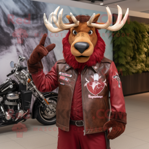 Maroon Elk mascot costume character dressed with a Moto Jacket and Gloves