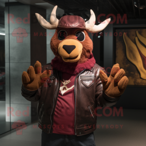 Maroon Elk mascot costume character dressed with a Moto Jacket and Gloves