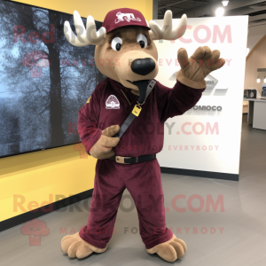 Maroon Elk mascot costume character dressed with a Moto Jacket and Gloves