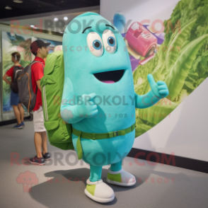 Turquoise Green Bean mascot costume character dressed with a Bermuda Shorts and Backpacks